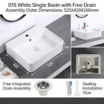 Rectangular Ceramic Vessel Sink – White Above-Counter Bathroom Basin - 图片 5