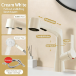 Cream White Pull-Out & Lifting Bathroom Faucet