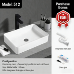 Rectangular Ceramic Vessel Sink – White Above-Counter Bathroom Basin - 图片 5